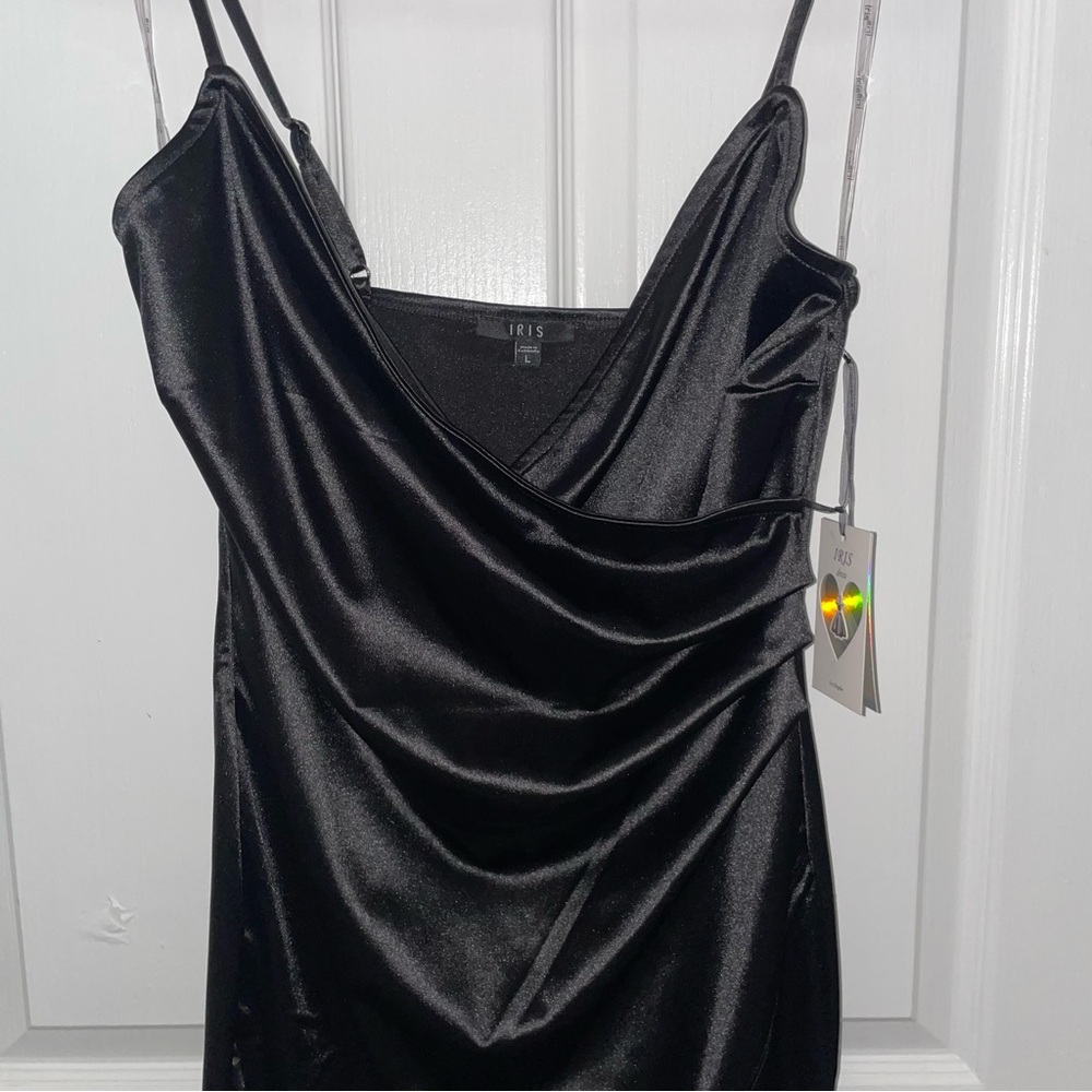 Iris Black Asymmetrical Ruched Sleeveless Satin Mini Dress- Size L